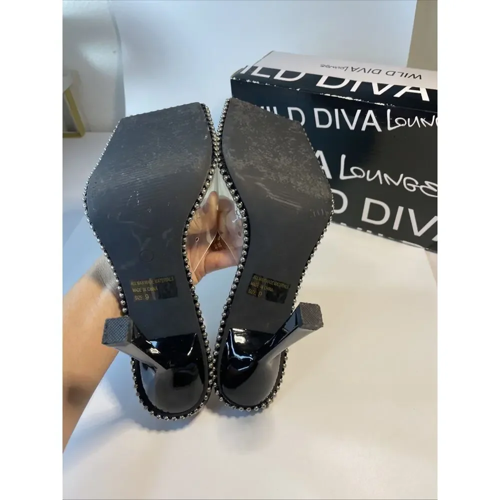 Wild Diva Lounge Boli-02 Black Studded Clear Strap Square Toe Mules Heels Sz 9
